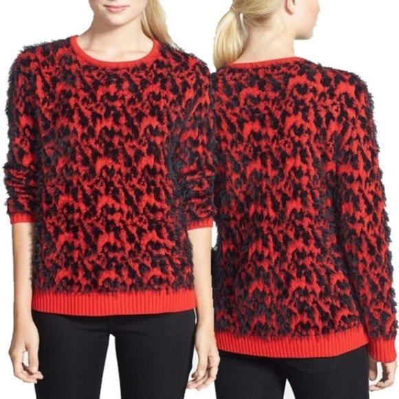 Two by Vince Camuto Animal Jacquard Sweater Fuzzy Black Red PXS - Picture 1 of 7